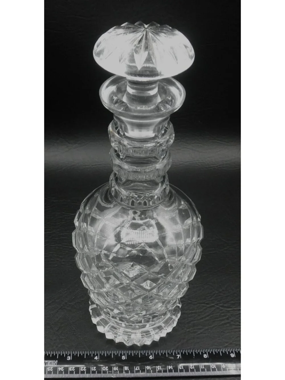 Three Ringed Georgian Style Diamond Cut Glass Decanter W/Stopper 11.5 Inches
